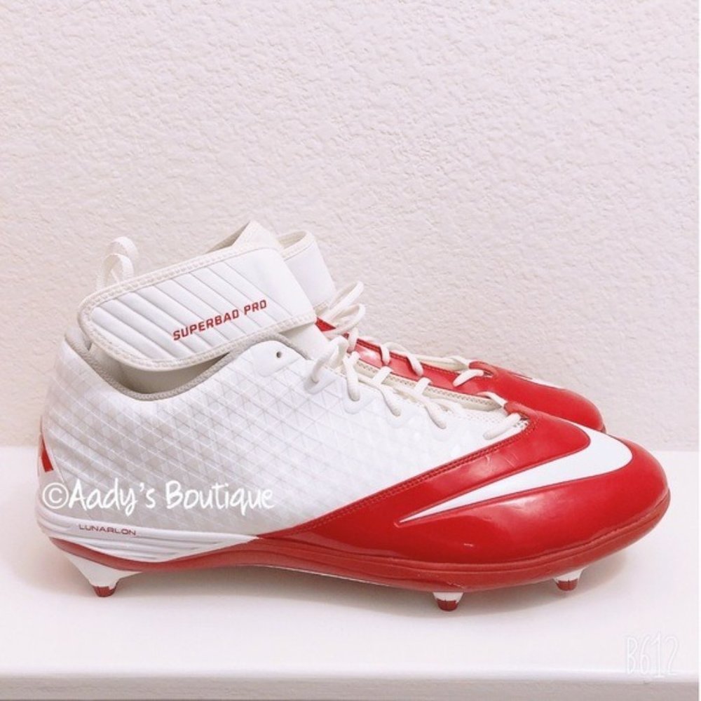 Nike Lunarlon SuperBad Pro Football Cleats Sneakers in White and Red, Size 17